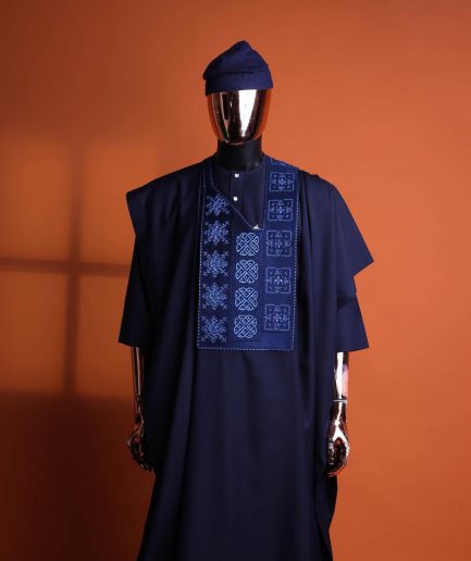 A navy blue, Arewa interwoven pattern embroidery details agbada, 3/4 sleeve kaftan & sokoto