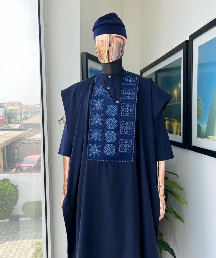 A navy blue, Arewa interwoven pattern embroidery details agbada, 3/4 sleeve kaftan & sokoto