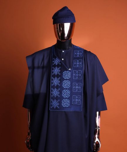 A navy blue, Arewa interwoven pattern embroidery details agbada, 3/4 sleeve kaftan & sokoto