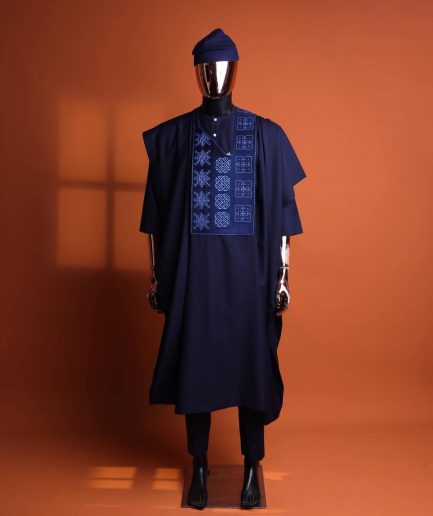 A navy blue, Arewa interwoven pattern embroidery details agbada, 3/4 sleeve kaftan & sokoto