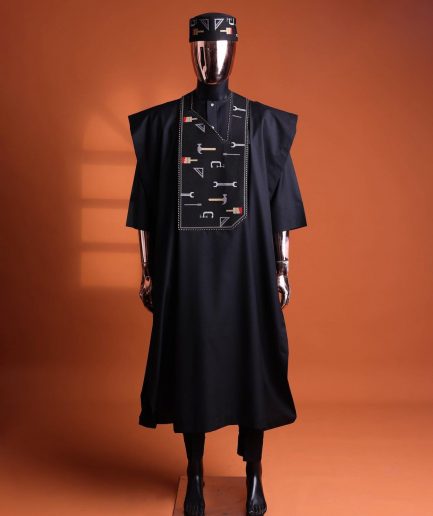 A Charcoal Black, “ise ni ogun ise” - work is the antidote of poverty - pattern embroidery details agbada, 3/4 sleeve kaftan & sokoto