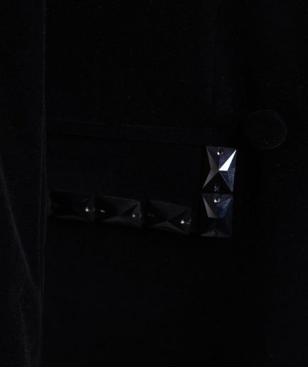 A Charcoal Black wrap velvet peak lapel single button suit with laser cut black glass stones
