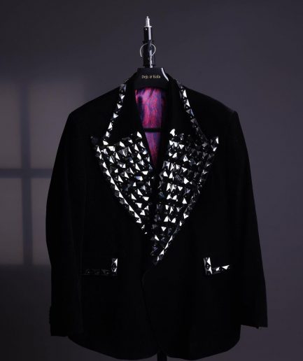 A Charcoal Black wrap velvet peak lapel single button suit with laser cut black glass stones