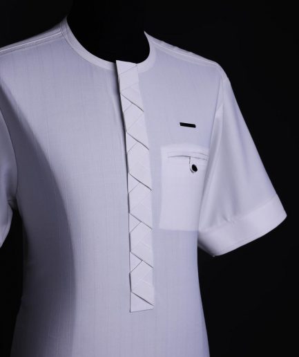 A White, Invisible stripe, front flap,interwoven flap, 3/4 sleeve African senator kaftan native.
