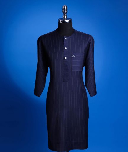 A Navy Blue, Pin Stripe, front flap & Pocket interchanged, 3/4 sleeve African senator kaftan native.