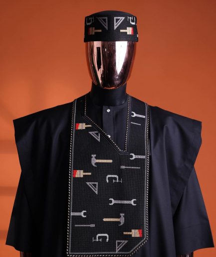 A Charcoal Black, “ise ni ogun ise” - work is the antidote of poverty - pattern embroidery details agbada, 3/4 sleeve kaftan & sokoto