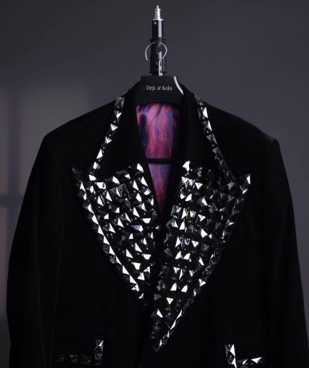 A Charcoal Black wrap velvet peak lapel single button suit with laser cut black glass stones