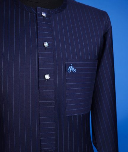 A Navy Blue, Pin Stripe, front flap & Pocket interchanged, 3/4 sleeve African senator kaftan native.