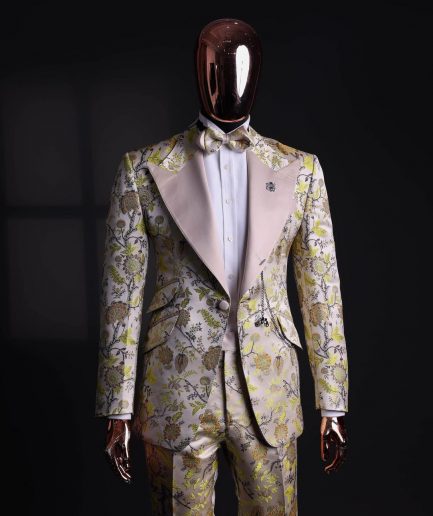 A Floral splashed yellow, mocha and cedar brown, knitted, peak lapel tuxedo suit