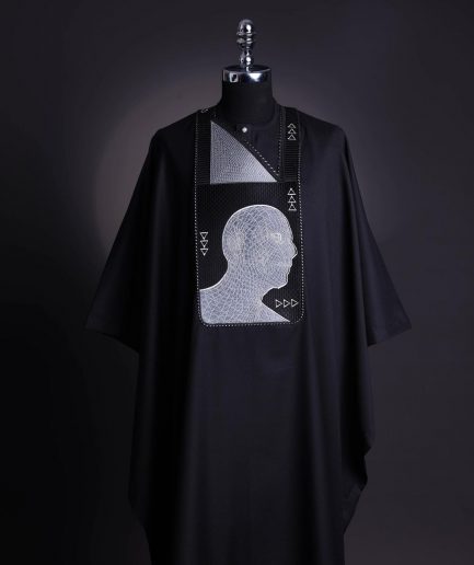 A Charcoal Black, “Head Algorithm Mapping ” embroidery details agbada