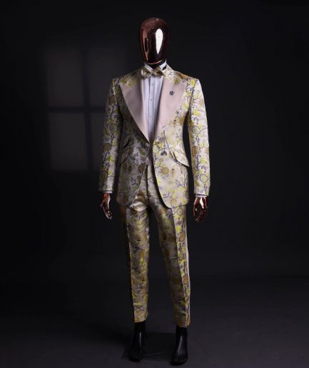 A Floral splashed yellow, mocha and cedar brown, knitted, peak lapel tuxedo suit