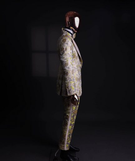 A Floral splashed yellow, mocha and cedar brown, knitted, peak lapel tuxedo suit