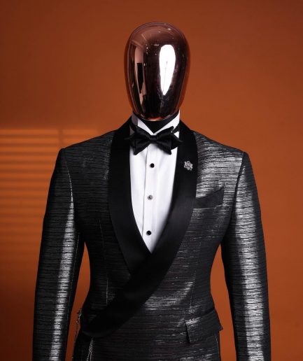 A wire metallic silver and black jacquard, lower cut, wrap shawl lapel tuxedo suit
