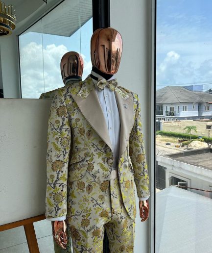 A Floral splashed yellow, mocha and cedar brown, knitted, peak lapel tuxedo suit