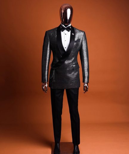 A wire metallic silver and black jacquard, lower cut, wrap shawl lapel tuxedo suit