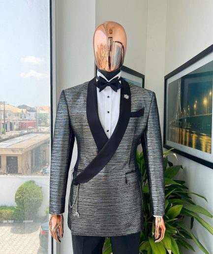 A wire metallic silver and black jacquard, lower cut, wrap shawl lapel tuxedo suit