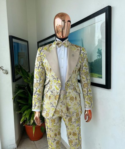 A Floral splashed yellow, mocha and cedar brown, knitted, peak lapel tuxedo suit