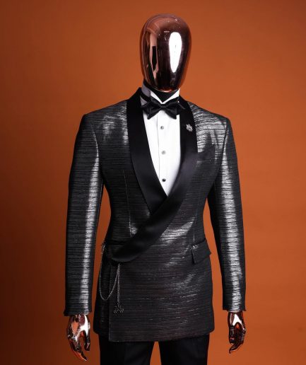 A wire metallic silver and black jacquard, lower cut, wrap shawl lapel tuxedo suit