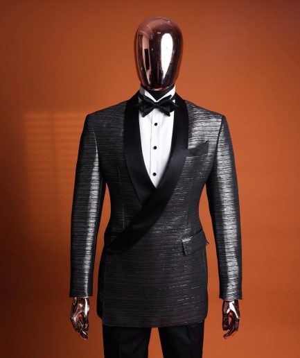 A wire metallic silver and black jacquard, lower cut, wrap shawl lapel tuxedo suit