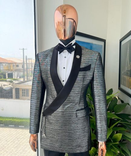A wire metallic silver and black jacquard, lower cut, wrap shawl lapel tuxedo suit