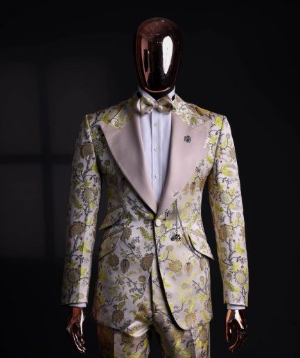A Floral splashed yellow, mocha and cedar brown, knitted, peak lapel tuxedo suit
