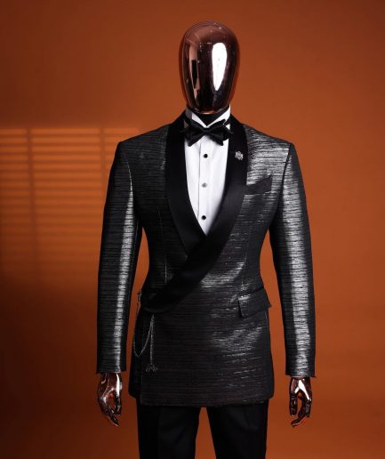 A wire metallic silver and black jacquard, lower cut, wrap shawl lapel tuxedo suit