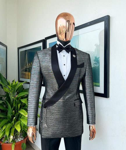A wire metallic silver and black jacquard, lower cut, wrap shawl lapel tuxedo suit