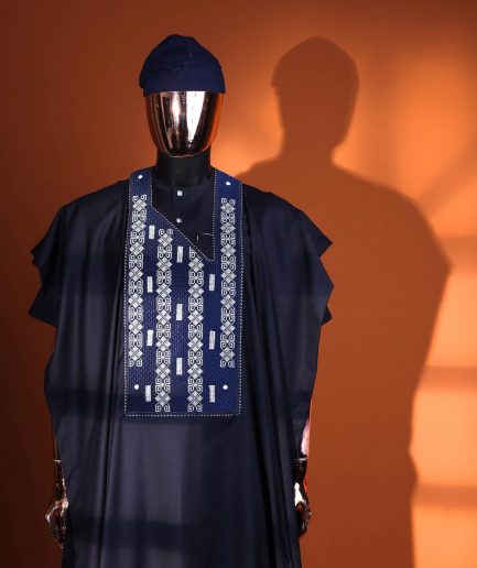 A Midnight blue, shattered interwoven embroidery with Swarovski stones details Agbada