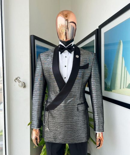 A wire metallic silver and black jacquard, lower cut, wrap shawl lapel tuxedo suit