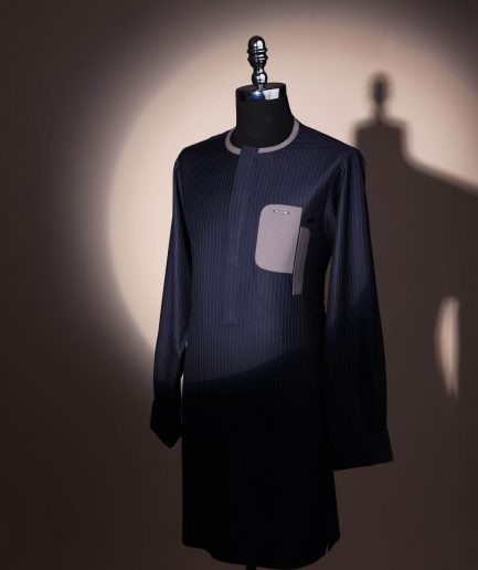 A black pencil stripe, dropping pocket, front flap, long sleeve African senator kaftan native.