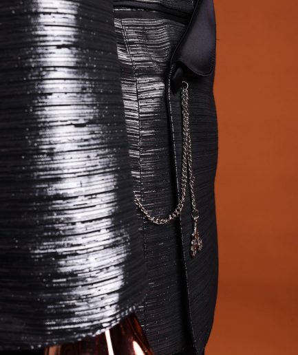 A wire metallic silver and black jacquard, lower cut, wrap shawl lapel tuxedo suit