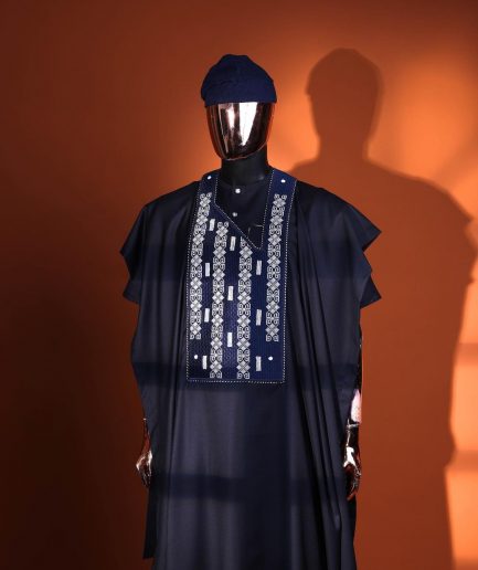 A Midnight blue, shattered interwoven embroidery with Swarovski stones details Agbada