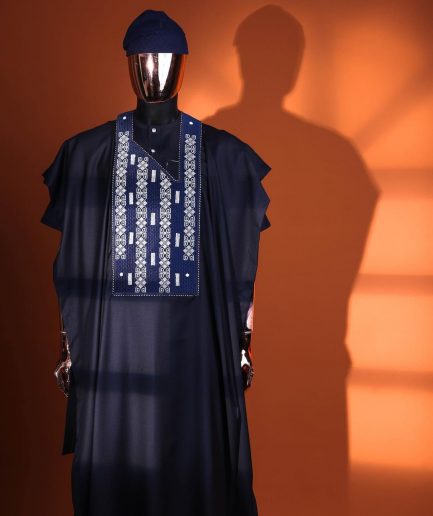 A Midnight blue, shattered interwoven embroidery with Swarovski stones details Agbada