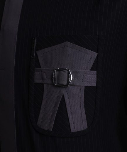 A Black pencil stripe, front flap, buckle and wings pocket, long sleeve African senator kaftan native.