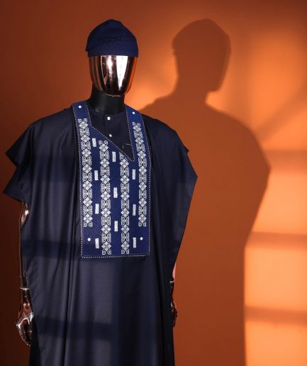 A Midnight blue, shattered interwoven embroidery with Swarovski stones details Agbada