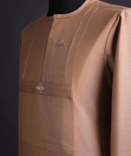 A walnut brown, rectangular front layered embroidery, long sleeve African senator kaftan native.