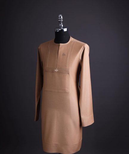 A walnut brown, rectangular front layered embroidery, long sleeve African senator kaftan native.
