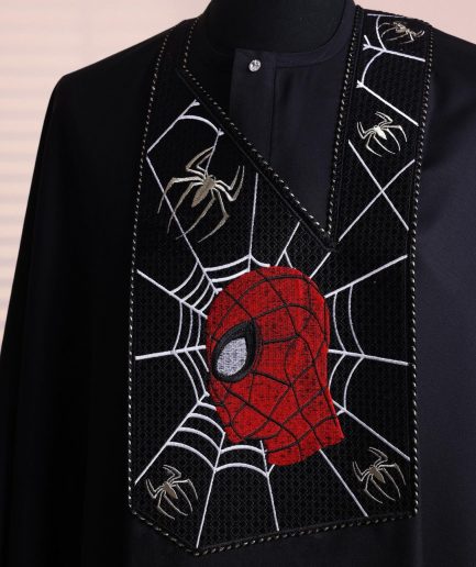 A charcoal black, “Spider-Man” embroidery details agbada, 3/4 sleeve kaftan & sokoto