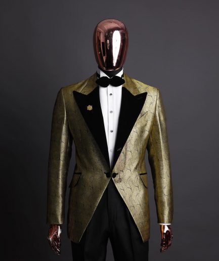 A gold metallic jacquard peak lapel tuxedo suit