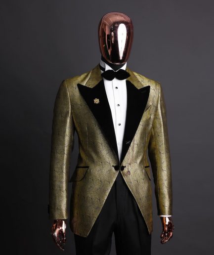 A gold metallic jacquard peak lapel tuxedo suit