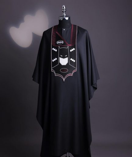 A charcoal black, “Batman VS Gotham” embroidery details agbada