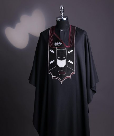 A charcoal black, “Batman VS Gotham” embroidery details agbada