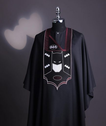 A charcoal black, “Batman VS Gotham” embroidery details agbada