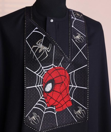 A charcoal black, “Spider-Man” embroidery details agbada, 3/4 sleeve kaftan & sokoto