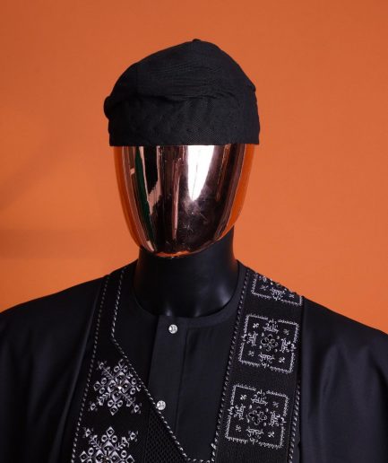 A Charcoal black, “Arewa” interwoven pattern embroidery details Agbada