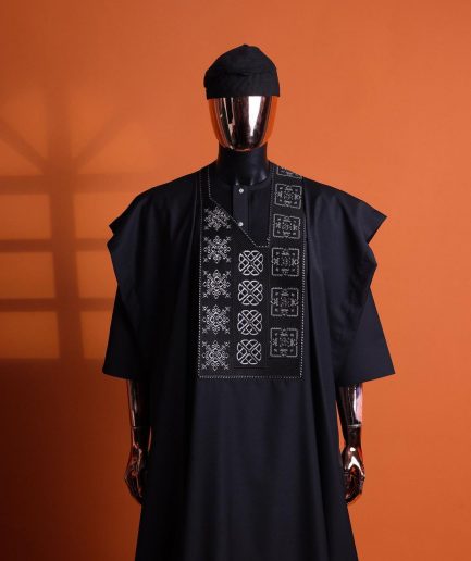 A Charcoal black, “Arewa” interwoven pattern embroidery details Agbada