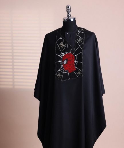 A charcoal black, “Spider-Man” embroidery details agbada, 3/4 sleeve kaftan & sokoto
