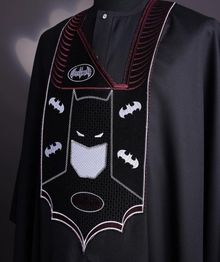 A charcoal black, “Batman VS Gotham” embroidery details agbada