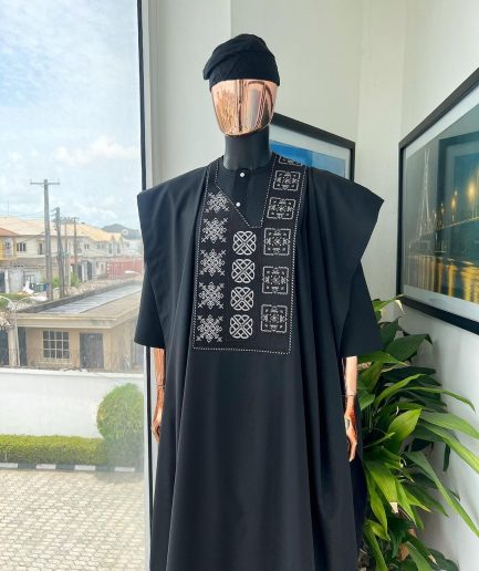 A Charcoal black, “Arewa” interwoven pattern embroidery details Agbada