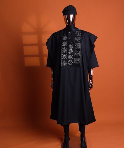 A Charcoal black, “Arewa” interwoven pattern embroidery details Agbada